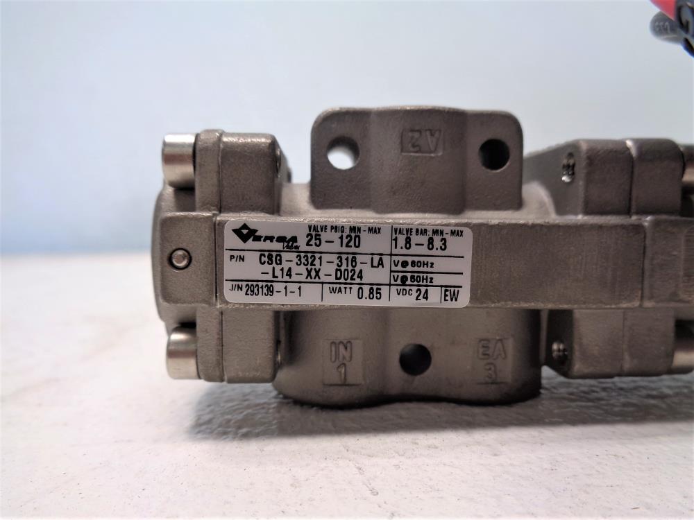 Versa 1/4" 3-Way Pneumatic Valve, Stainless Steel, CSG-3321-316-LA-L14-XX-D024